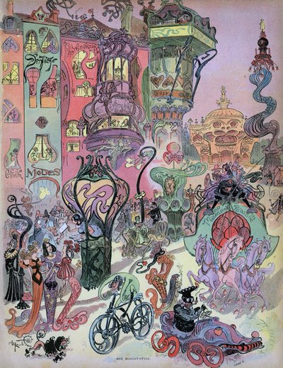 Vista antecipada do estilo moderno parisiense do desenhador Albert Robida. Neste belo desenho, vemos a influência de Robida sobre os criadores de bandas desenhadas dos anos 1960-1980, nomeadamente Fred (Othon Aristides, "Aventuras de Philemon") e Forest (B de Albert Robida