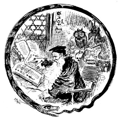 Alquimista consultando os seus grimórios (fórmulas mágicas - cabalísticas) sob o olhar de uma coruja e de um demónio - a moldura da imagem tem a forma de uma cobra que morde a cauda - Lettrina formando a letra O - ilustração de Albert Robida (1848-1926) pa de Albert Robida
