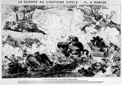 Antecipação: Batalha de Mazayamba: o conflito australo-moçambicano, guerra e operações químicas - em "A guerra no século 20", de A. Robida de Albert Robida