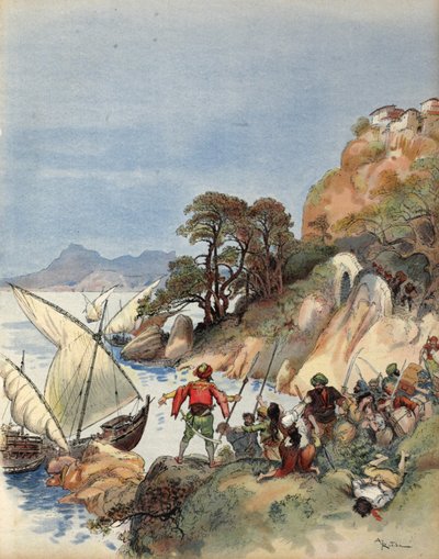 Piratas bárbaros aterrorizando a costa do Mediterrâneo, raptando os habitantes para venderem como escravos, ilustração de 
