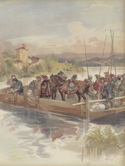 Bourbon fugindo, falta de reconhecimento pelos soldados, passando uma balsa de Albert Robida