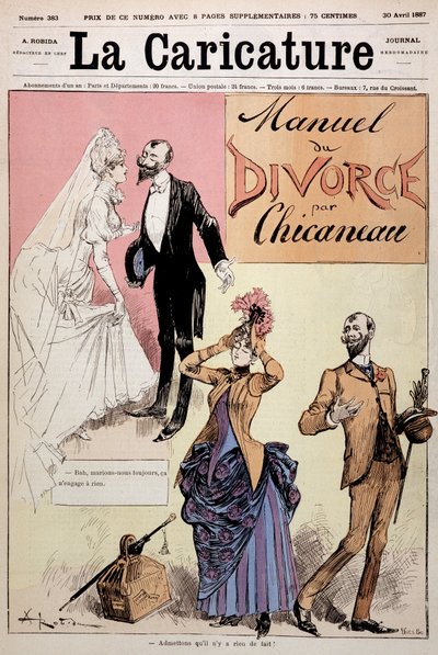 Casado e divorciado, "Le Manuel du divorce" de Chicaneau, ilustração de Albert Robida (1848-1926), couv. "A Caricatura", 30/04/1887. de Albert Robida