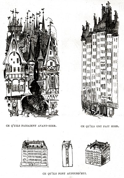 Crítica da fealdade da construção moderna em Paris com a arquitetura do passado, do presente e do futuro de Albert Robida