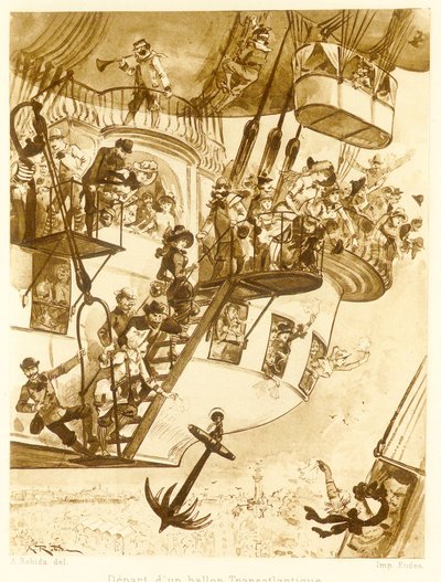 Saída de um balão transatlântico, de Le Vingtieme Siecle, pub. litografia de 1883, 1883. de Albert Robida