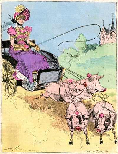 Desenho de Albert Robida (1848-1926) na capa da revista Comique World n°296 (início do século XX) - Novo engate muito elegante para pequenos passeios no campo - Mulher jovem conduzindo uma carruagem de porcos (porcos) - de Albert Robida