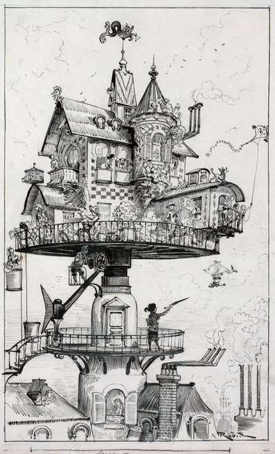 O desenho mostra uma estrutura de habitação elevada acima dos telhados e concebida para girar e ajustar-se em várias direcções, desenho de Albert Robida c. 1883 de Albert Robida