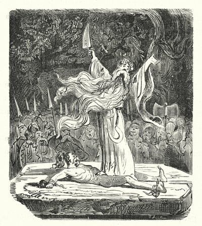 Druida a efetuar um sacrifício humano (gravura) de Albert Robida