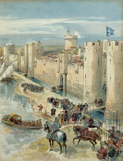 Oitava Guerra Italiana (1536-1538): entrevista de Aigues Mortes (ou treve de Aigues Mortes) a 14 de Julho de 1538, encontro entre François I (1494-1547), Rei de França e Carlos V (1500-1558), Rei de Espanha e Imperador do Sacro Império Romano Germânico. Il de Albert Robida