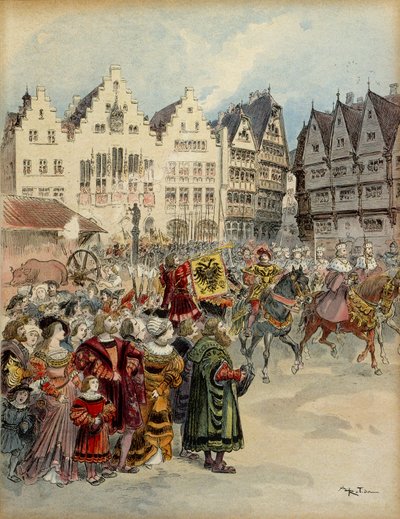 Eleição de Carlos V (1500-1558) como Imperador da Alemanha em 28 de Junho de 1519. O cortejo dos sete eleitores percorre as ruas de Frankfurt (Alemanha). Ilustração de Albert Robida