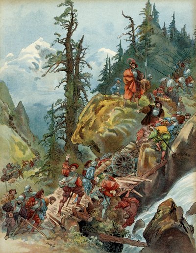 Quinta Guerra Italiana (1515-1516): a passagem dos Alpes em agosto de 1515, pelo Passo Larche, do exército de François I (1494-1547), a caminho da Itália. Ilustração de Albert Robida