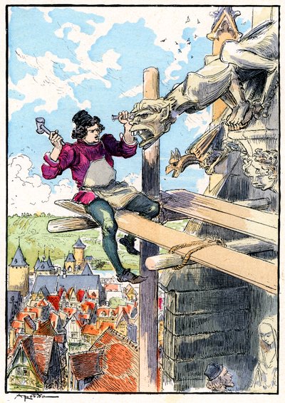 Escultor de gárgulas num andaime no século XV de Albert Robida