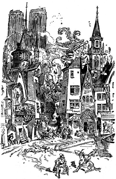 O gigante Gargantua atravessa Paris, semeando o pânico e a destruição no seu caminho. Aprende a cuspir na Catedral de Notre Dame de Paris, cujas torres ao fundo se distinguem. Com este cuspo, mais de 3000 parisienses morrerão afogados! Ilustração de Albert Robida
