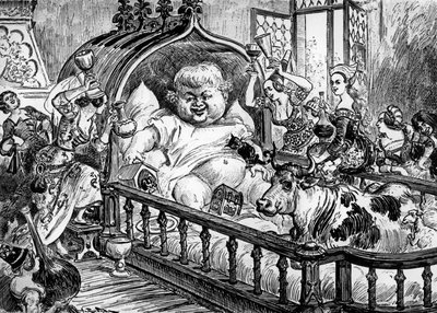 Grandes et inestimables chroniques du grand et enorme geant Gargantua obra anónima que inspirou François Rabelais para "Pantagruel" em 1532, gravura de Albert Robida : aqui Gargantua em bebé de Albert Robida
