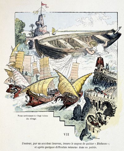 Gulliver e seu gigantesco barco no porto dos Lilliputianos - em "Voyages de Gulliver" de Jonathan Swift (1721), doente. por Robida de Albert Robida