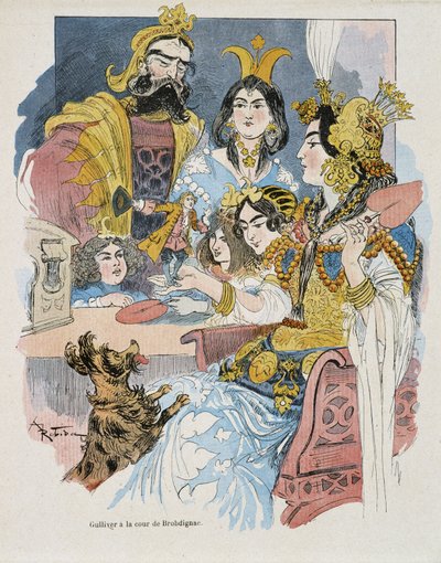 Gulliver at the Brobdignac Court - in "Gulliver Voyages" por Swift, doente. por Robida de Albert Robida