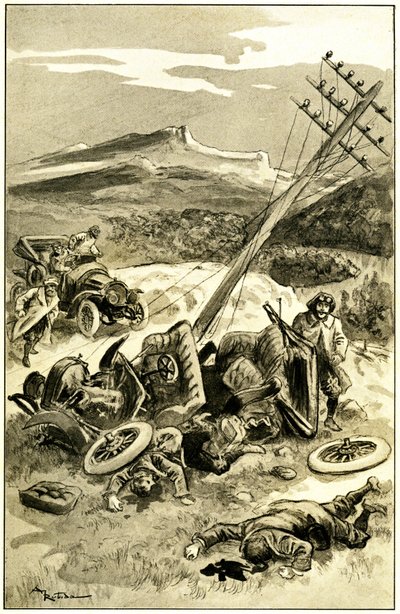 Ilustração de Albert Robida (1848-1926) para o livro de Leon Berthault "Le record du tour du monde", edição Mame do início do século XX (1911) - um acidente de viação por volta de 1900: um automóvel embate num poste da linha telegráfica. Os passageiros são de Albert Robida