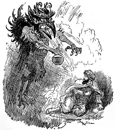 Ilustração de Albert Robida (1848-1926) de uma lenda árabe (1001 noites) (Contos das Mil e Uma Noites): um demónio horrível (génio do mal) oferece a um homem uma garrafa de vinho. gravura do livro "Choix de lectures" Armand Colin 1926. de Albert Robida