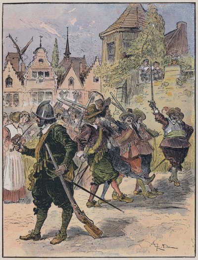 Ilustração para Le Capitaine Bellormeau por e ilustrada por A Robida (cor litho) de Albert Robida