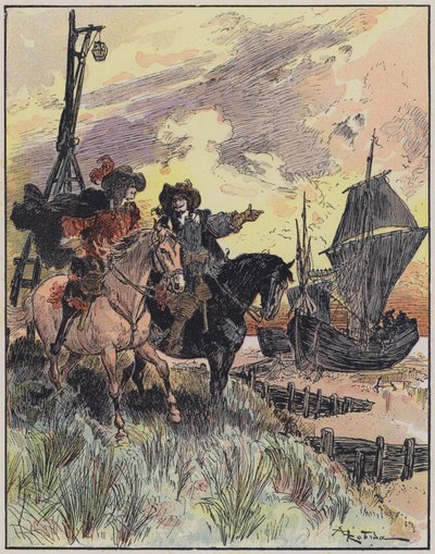 Ilustração para Le Capitaine Bellormeau por e ilustrada por A Robida (cor litho) de Albert Robida
