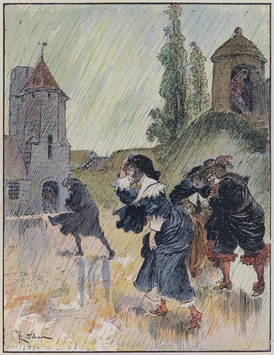 Ilustração para Le Capitaine Bellormeau por e ilustrada por A Robida (cor litho) de Albert Robida