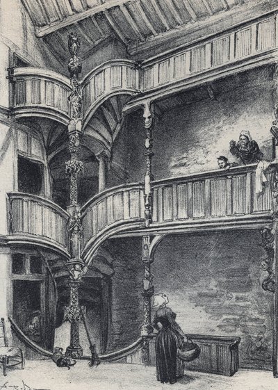 Interior de uma casa em Morlaix - França Antiga - Bretanha - textos, desenhos e litografias, de Albert Robida (1848-1926) final do século XIX sem data de Albert Robida