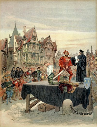 Jean de Poitiers, seigneur de Saint Vallier (ca. 1475-1539), capitão da guarda de Charles de Bourbon (1489-1537) foi gracie sobre o cadafalso em 1524. Ilustração de Albert Robida