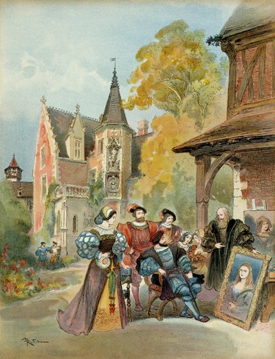 Rei Francisco I (1494-1547) comprando a Mona Lisa a Leonard de Vinci (Leonardo da Vinci) (1452-1519), perto do castelo real de Amboise, entre 1516 e 1519. Ilustração de Albert Robida
