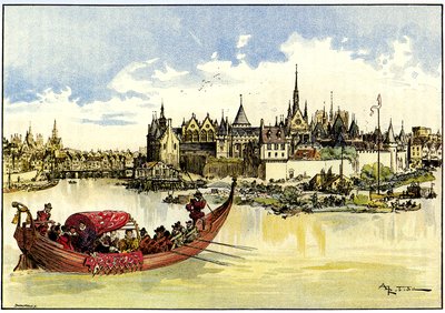 O rei Henrique III num barco lança a primeira pedra da Pont Neuf sobre o Sena, em Paris, a 31 de maio de Albert Robida