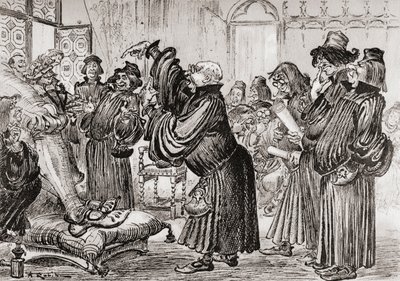 Le Sophiste feut introduict et commença sa harangue en toussant ou O Sofista foi apresentado e começou o seu discurso tossindo. de Albert Robida
