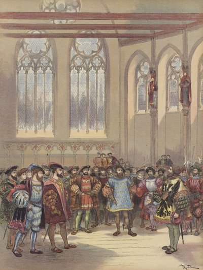 O Borgonha Herald, enviado por Carlos V, é recebido por François I no Grande Salão do Parlamento de Albert Robida