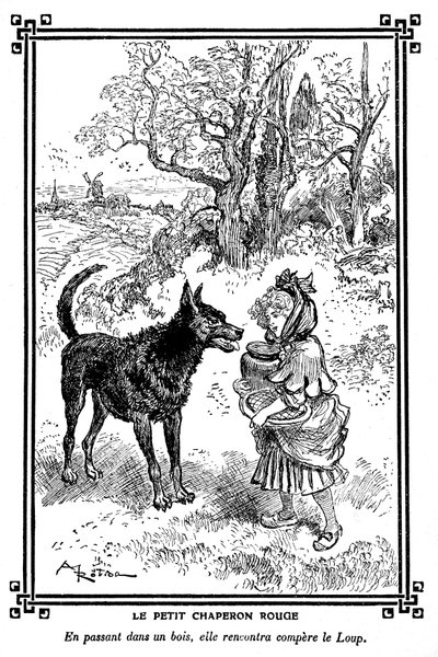 O Capuchinho Vermelho, com o seu bolo e o seu frasco de manteiga, encontra o Lobo. Desenho de Albert Robida (1848-1926) num livro de leituras infantis 1920-1930. de Albert Robida