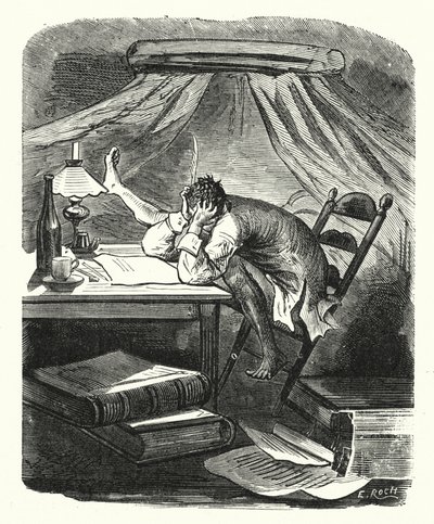 Homem a ler numa mesa (gravura) de Albert Robida
