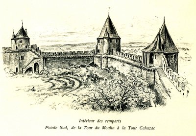 Cite Medievale de Carcassonne (Aude, Languedoc, país cátaro) - Interieur des ramparts, pointe sud, de la tour du Moulin au la tour Cahuzac - location du Theatre de plein air - gravura romântica de Albert Robida (1848-1926) num livro publicado no início do  de Albert Robida