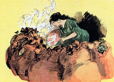 Morgiana mata 37 ladrões escondidos em frascos (desenho) de Albert Robida