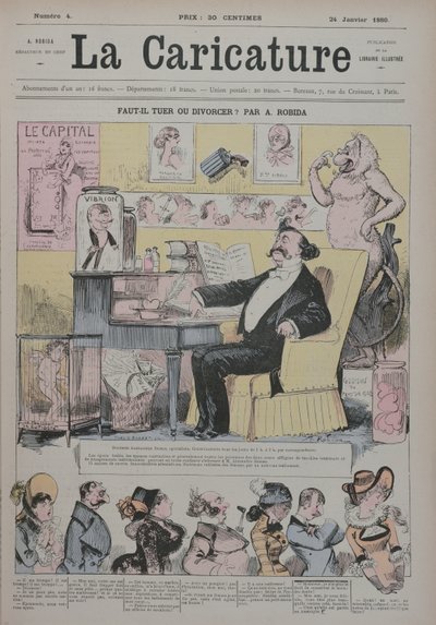 Assassinato ou divórcio, capa de &39;La Caricature&39; representando Alexandre Dumas Fils (1824-95) como um &39;expert&39; em dramas matrimoniais, 1 de janeiro de 1880 de Albert Robida