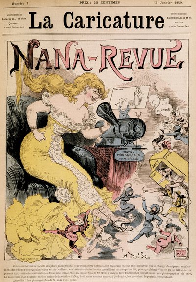 Nana-Revue: desenho animado sobre Zola e sua obra "Nana" de Robida - em "La Caricature" de 03/01/1880 de Albert Robida