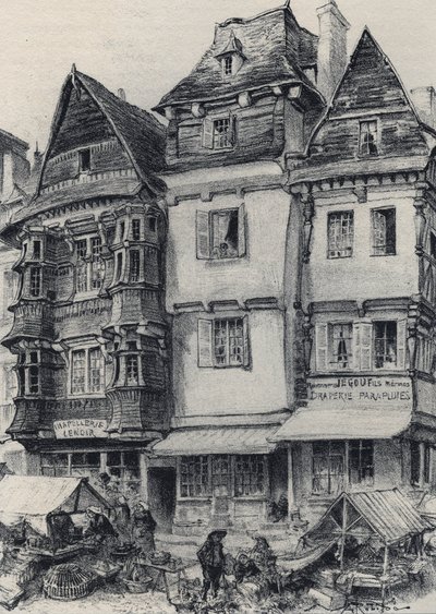 Place du marche em Lannion - La vieille France - La Bretagne - textos, desenhos e litografias, de Albert Robida (1848-1926) final do século XIX sem data de Albert Robida