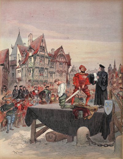 Saint Vallier perdoou no andaime, ilustração de François I: O Cavaleiro do Rei, por George G. Toudouze, pub. 1909 de Albert Robida