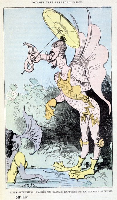 Tipos saturnianos de um esboço relatado do planeta Saturno (monstros pseudo-antropológicos grotescos), paródia de Júlio Verne, "Viagens muito extraordinárias de Saturnin Farandoul em 5 ou 6 partes do mundo e em todos os países conhecidos ou desconhecidos d de Albert Robida