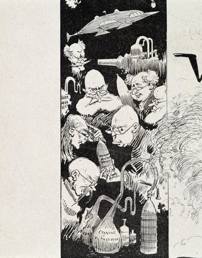 Sete cientistas com a sua invenção. Em "Guerra no século 20", por A. Robida. de Albert Robida