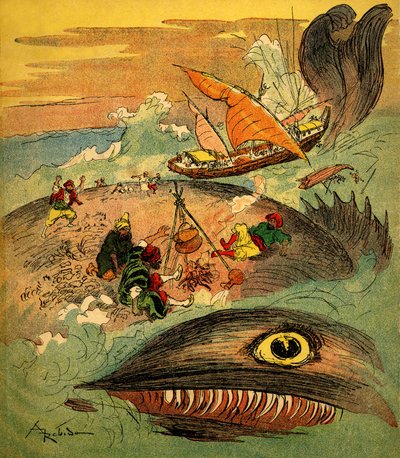 Sindbad, o marinheiro (Sinbad) - conto das mil e uma noites (1001) - livro de 1948 que conta as suas aventuras (edição Fortin, coleção Imagens maravilhosas da infância) - ilustração de Albert Robida (1848 - 1926): Sindbad e os seus companheiros falharam de Albert Robida