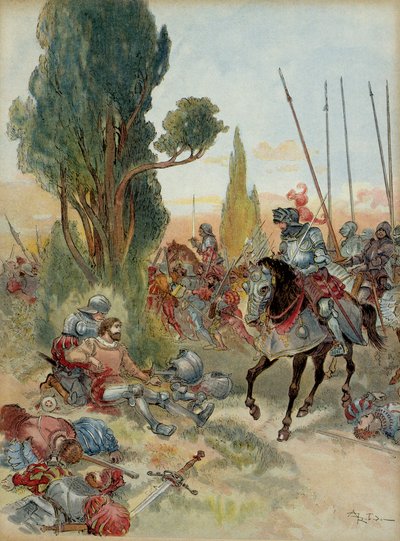 Sexta Guerra Italiana (1521-1526): Morte de Pierre Terrail de Bayard (1476-1524), ferido por uma greve de arquebus em Rebec (Itália), em 1524, Charles de Montpensier, connetable de Bourbon (1490-1527), enfrentou-o. Ilustração de Albert Robida