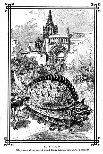 O Tarasque de Tarascon, monstro fabuloso do folclore da Provença: ilustração de Albert Robida do livro escolar "Escolha de leituras" de A Mironneau, Librairie Armand Colin 1911 - de Albert Robida