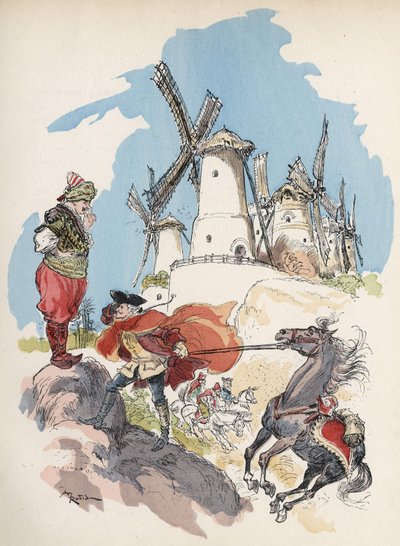 O Barão de Munchausen acaba de atravessar a fronteira egípcia é apanhado por uma tempestade provocada por uma grande figura para fazer correr os 7 moinhos. "Ilustração de Albert Robida - em "História e Aventuras do Barão de Munchausen" (Munchhausen), H. La de Albert Robida