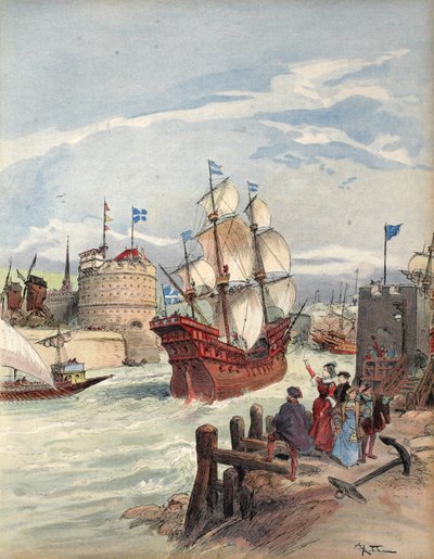 A Frota do Rei em Havre: A Bela Françoise, ilustração de François I: O Cavaleiro do Rei, de George G. Toudouze, pub. 1909 de Albert Robida