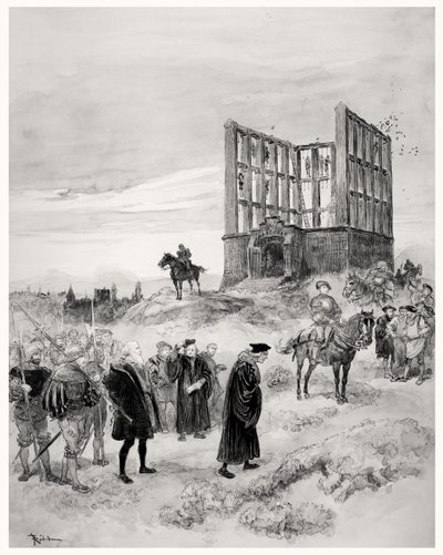 O superintendente Jacques de Semblancay (c.1445-1527) condenado à morte, subindo para o Montfaucon Gibbet, 1909 (wc no papel) de Albert Robida