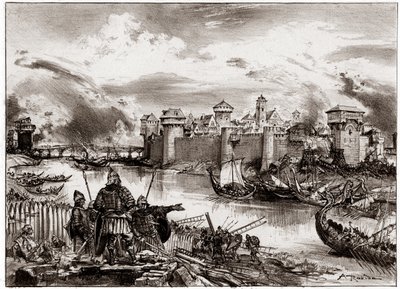 Os vikings, piratas normandos comandados pelo seu líder Siegfried, sitiam Paris (gravura) de Albert Robida