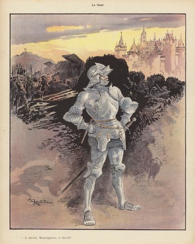 O relógio; soldado de armadura a vigiar o cerco de uma cidade (cor litho) de Albert Robida