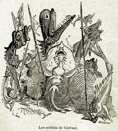 O exército de Quaresmeprenant. Os soldados são representados como peixes, alguns dos quais têm apenas as aretes, por referência à refeição magra (jovem) de Careme. Ilustração de Albert Robida (1848-1926) para um episódio do Quarto Livre de François Rabelai de Albert Robida