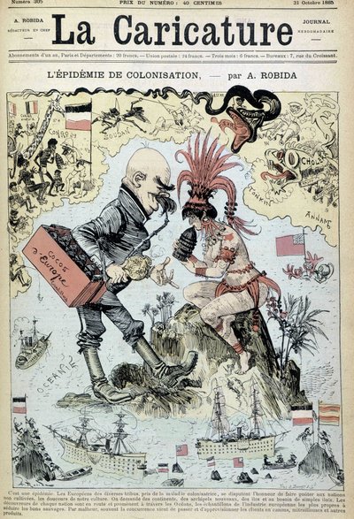 A epidemia de colonização: desenho anticolonialista de Robida - em "La Caricature" de 31/10/1885 de Albert Robida